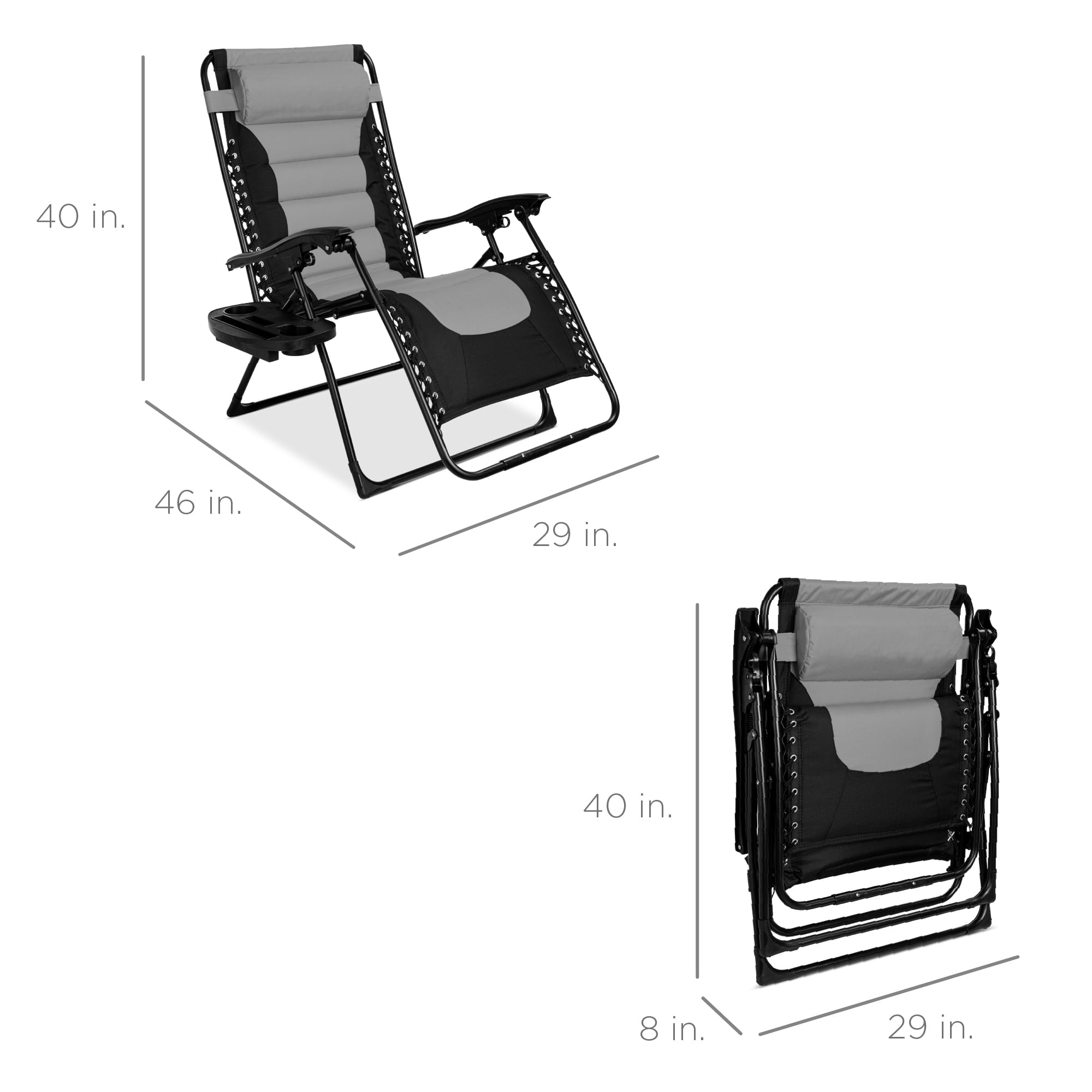 Best Choice Products Oversized Padded Zero Gravity Chair, Folding Outdoor Patio Recliner w/ Headrest, Side Tray - Gray