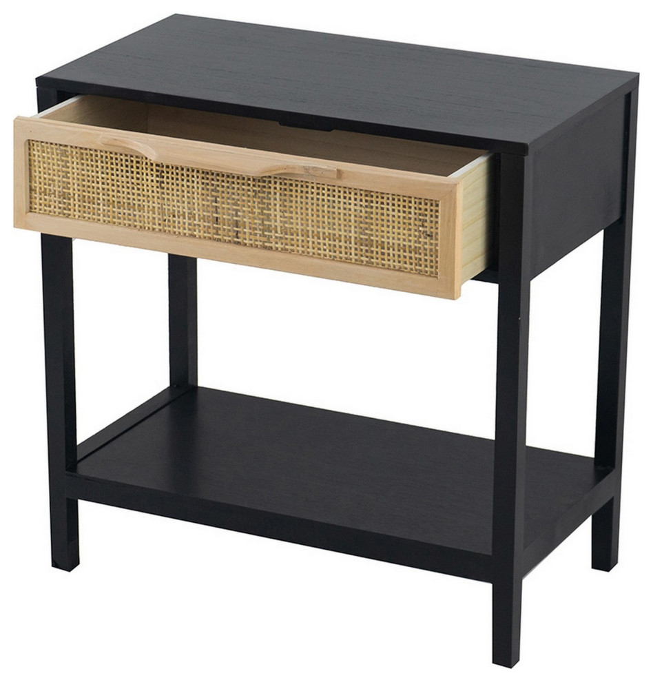 Benzara BM285122 Accent Side Table  Pine Wood  Woven Rattan  1 Drawer  Black   Tropical   Side Tables And End Tables   by Uber Bazaar  Houzz