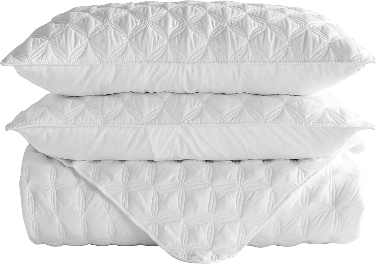 Exclusivo Mezcla Bed Quilt Set King Size for All Season， Stitched Pattern Quilted Bedspread/ Bedding Set/ Coverlet with 2 Pillow shams， Lightweight and Soft， White