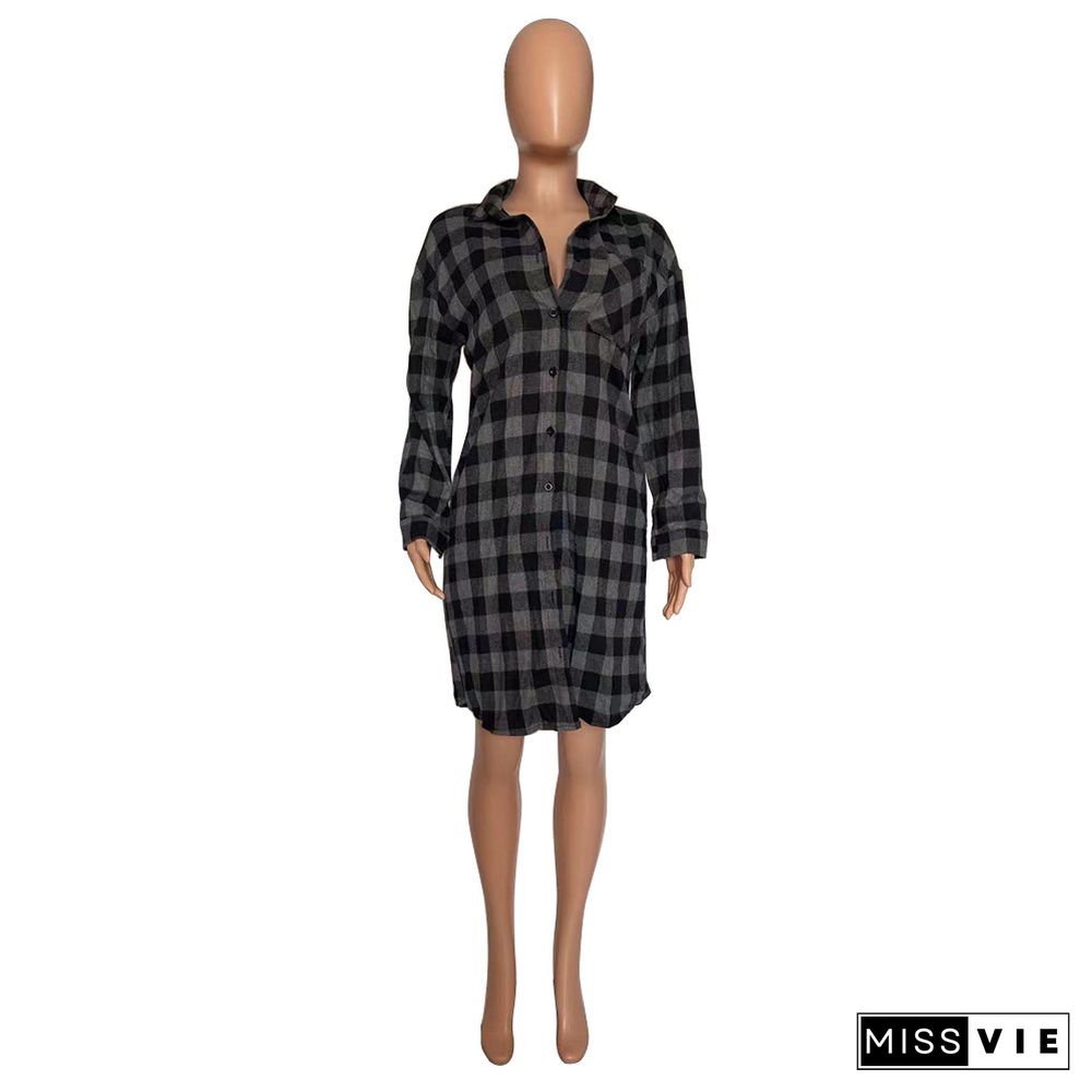 Plaid Print Long Sleeve Shirt Midi Dress