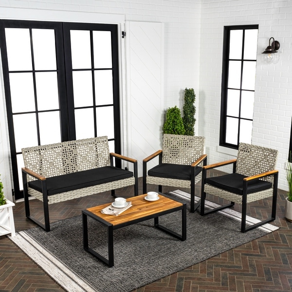 Thom 4Piece Modern Coastal Faux Wicker Conversation Outdoor Patio Set，by JONATHAN Y