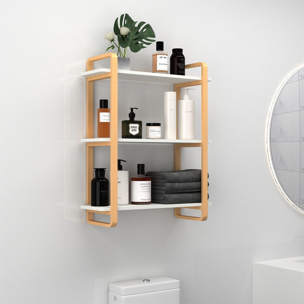 3 tiers Wall Mount Open Shelf Furniture with Solid Wood Frame