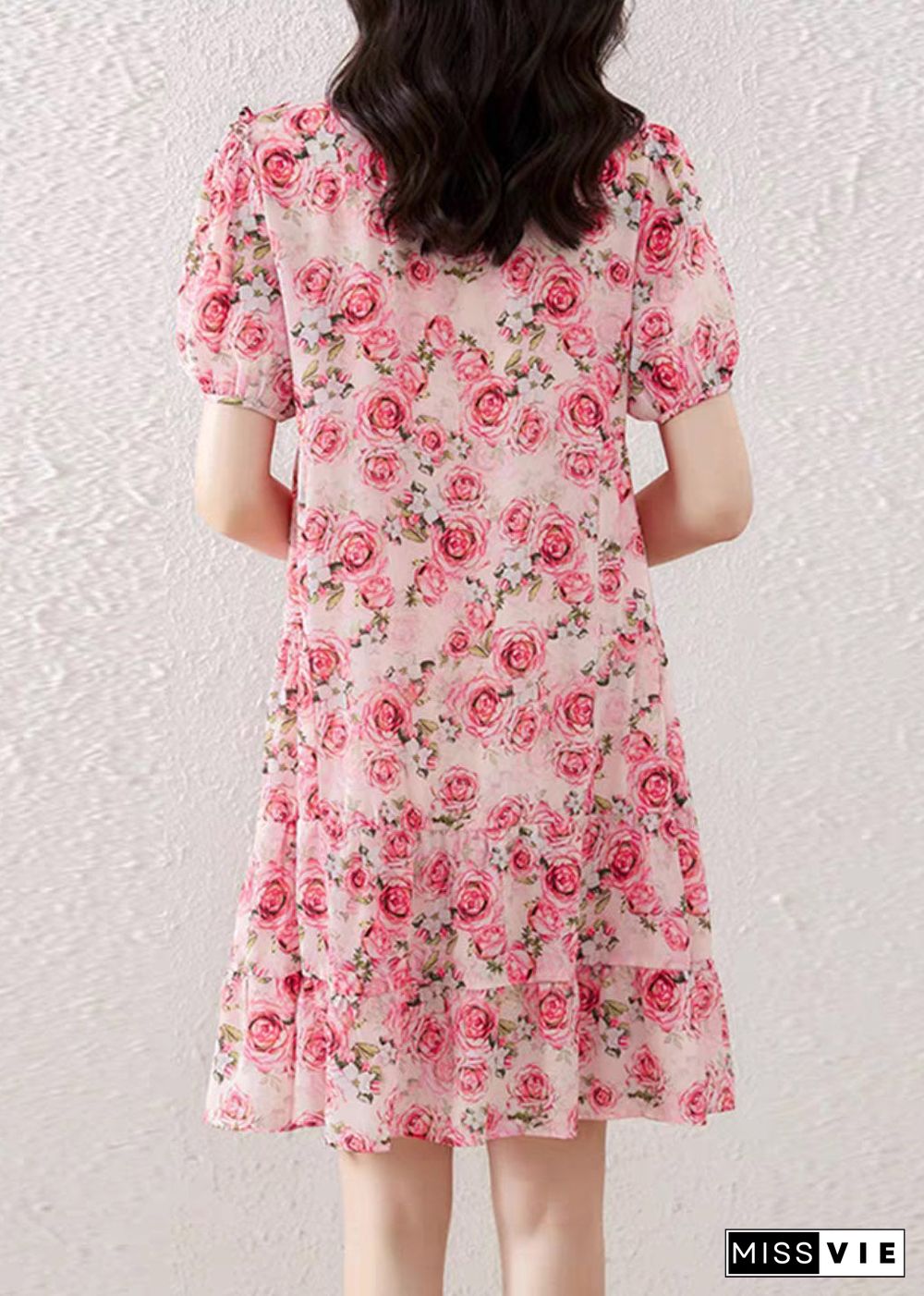 Italian O-Neck Print Wrinkled Silk Mid Dresses Short Sleeve