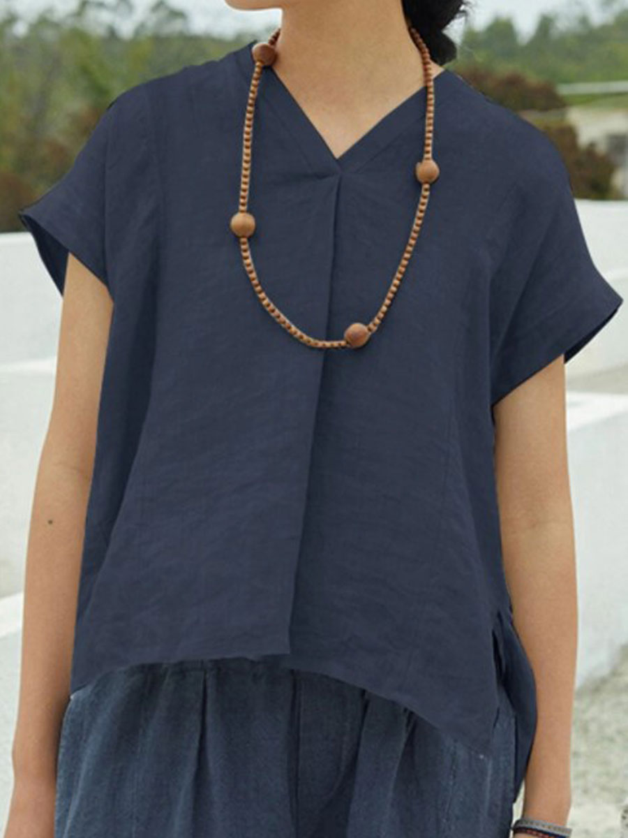 V-neck Casual Loose Solid Color Short-sleeved Blouse