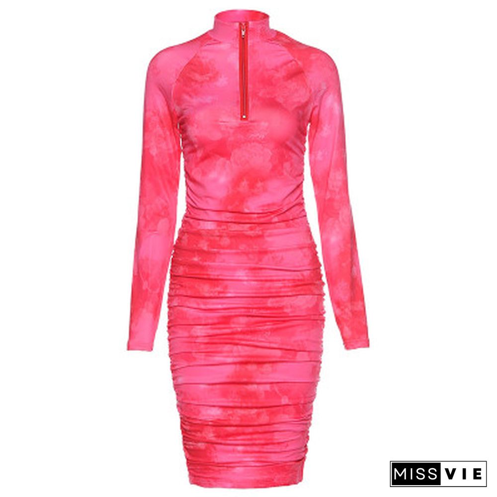 Spring Long Sleeve Tie Dye Ruched Bodycon Sexy Midi Dress Women Streetwear Outfits Party Bright Clothing