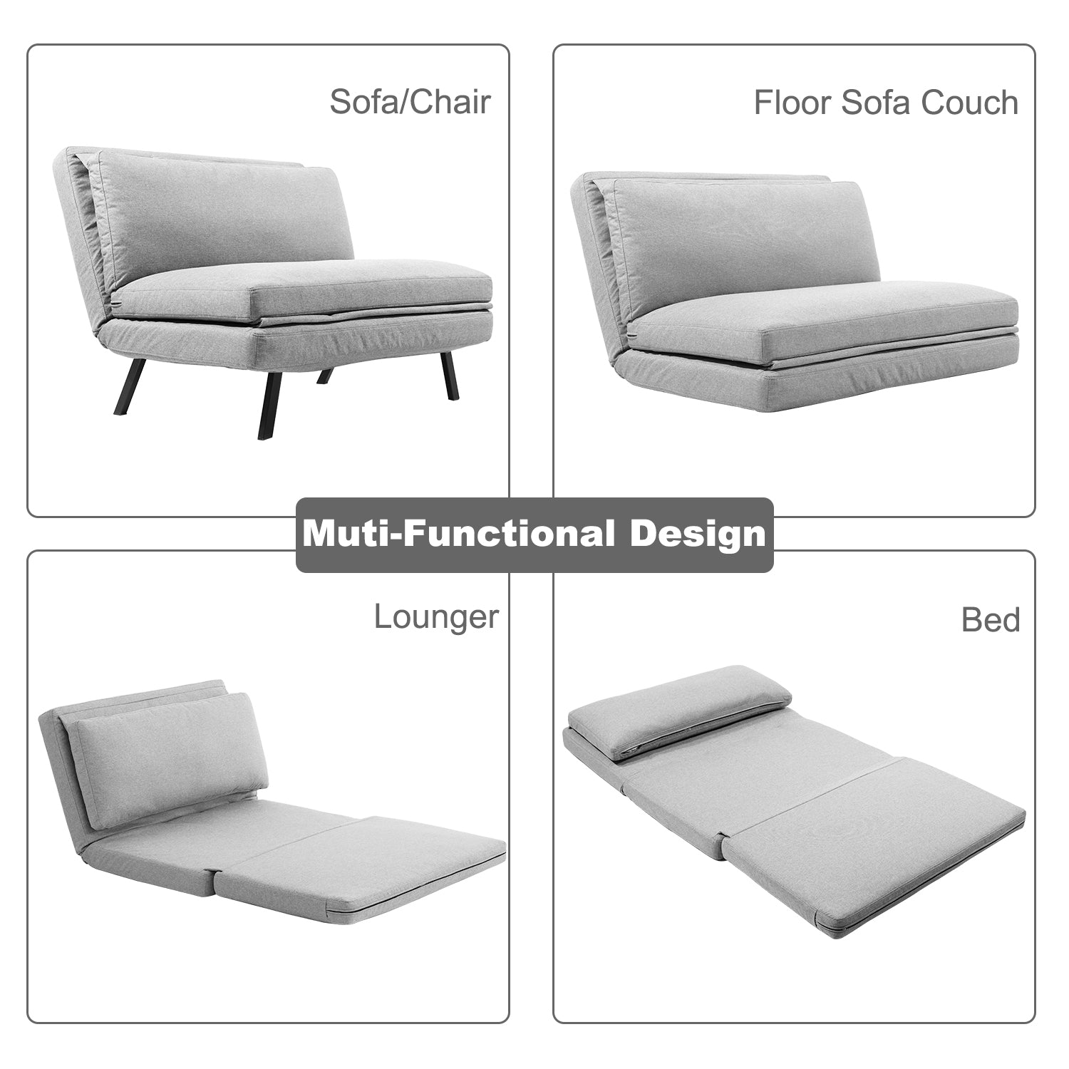 Convertible Futon Sofa Chair with Adjustable Backrest 4-in-1 Folding Floor Couch for Living, Small Room Apartment, Dorm, Grey