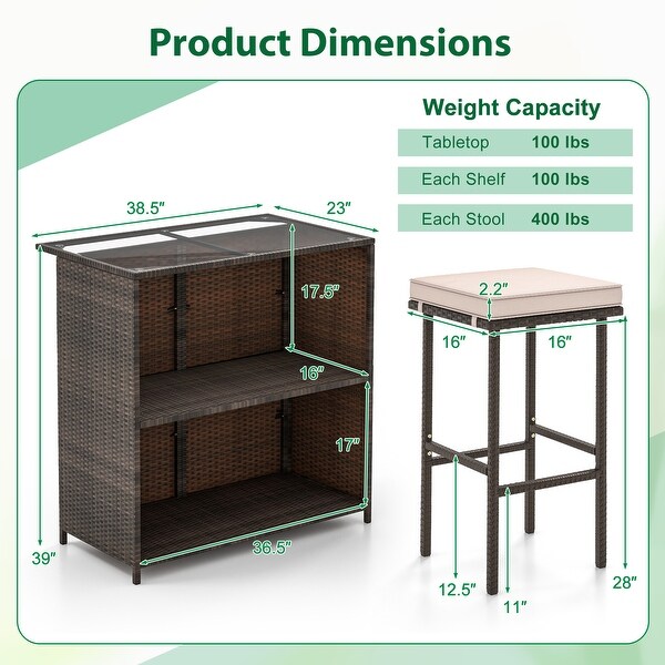 3 Pcs Patio Bar Set with Tempered Glass TabletopBrown