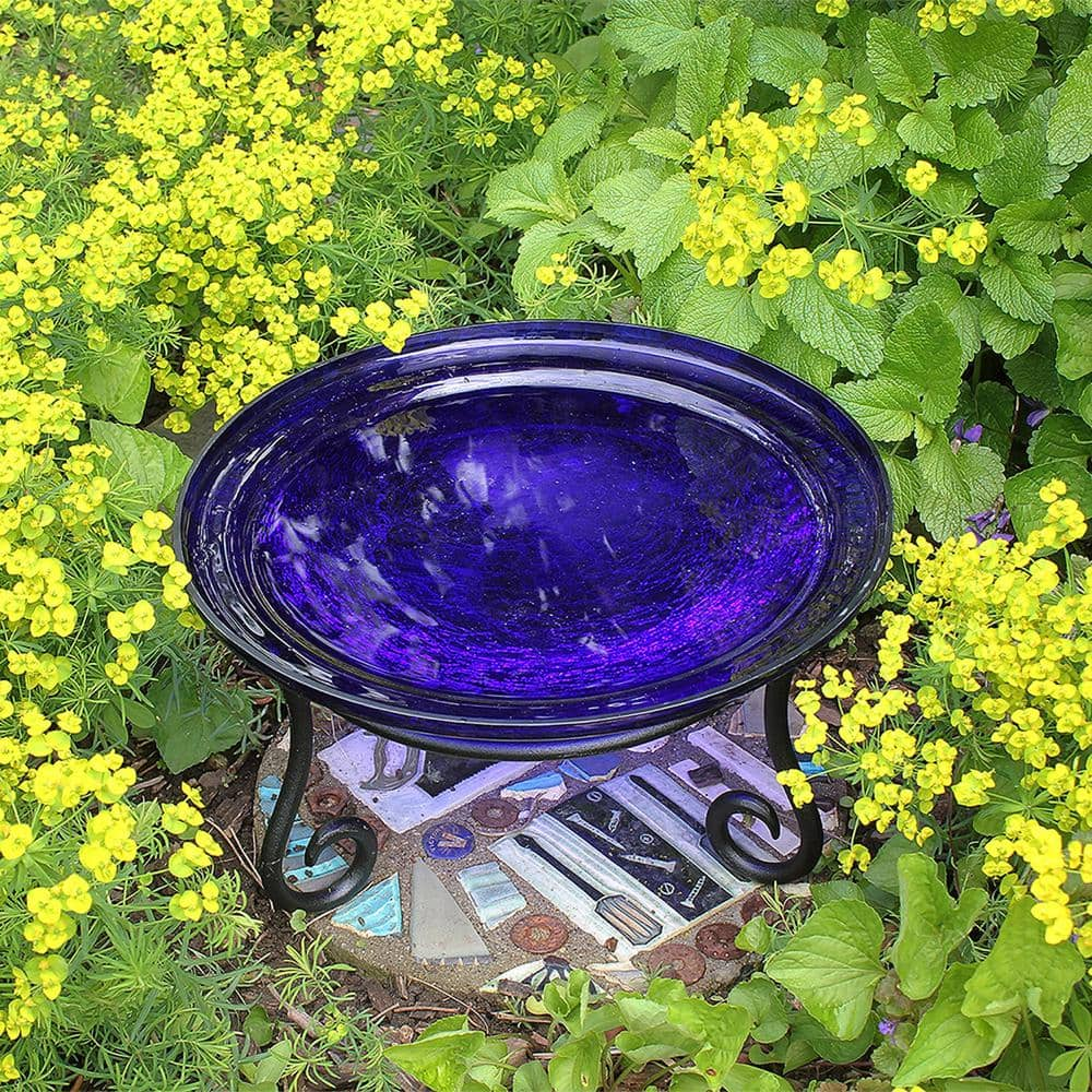 Achla Designs 12.5 in. Dia Cobalt Blue Reflective Crackle Glass Birdbath Bowl with Short Stand CGB-01CB-S1