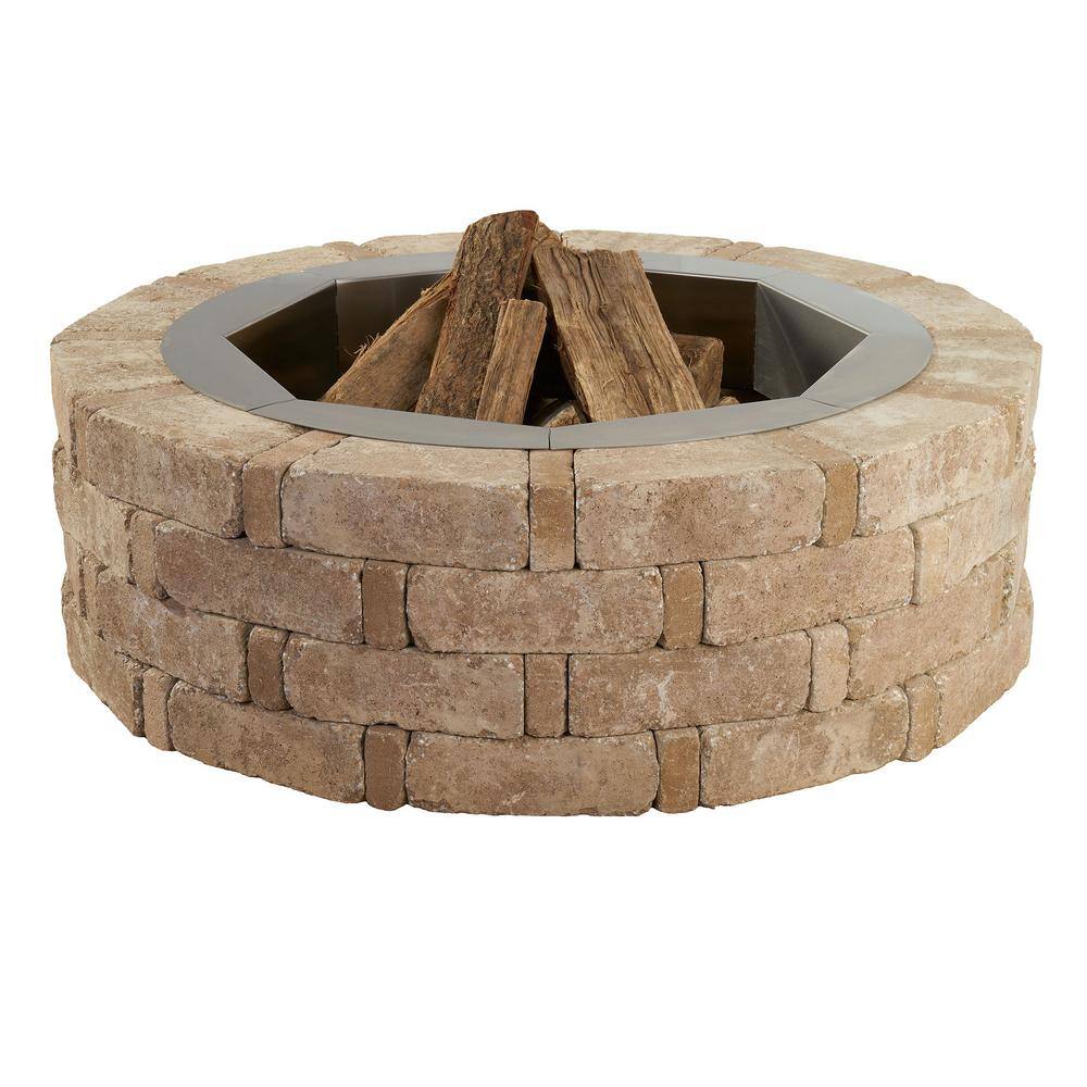 Pavestone RumbleStone 46 in. x 14 in. Round Concrete Fire Pit Kit No. 2 in Cafe with Round Steel Insert RSK55869