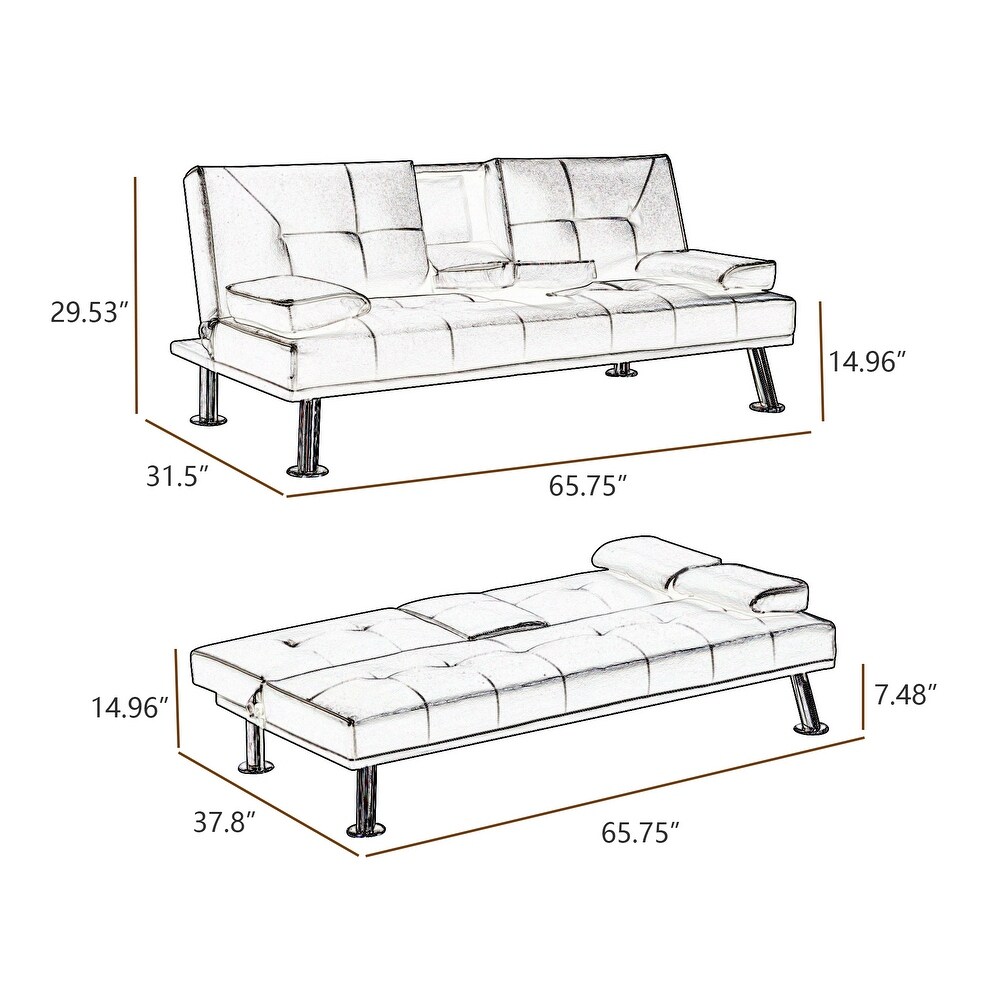 Modern Leather Convertible Folding Loveseat Sleeper Sofa Bed With Cup Holders For Living Room 2 Seat