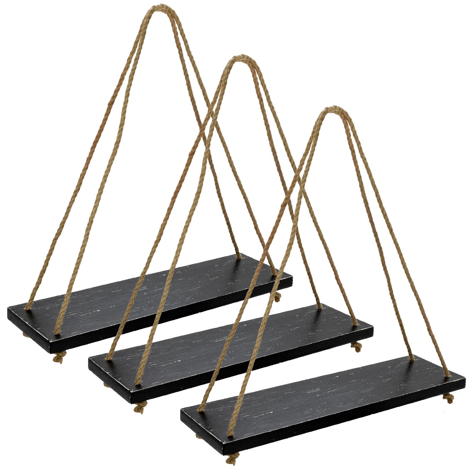 Excello Global Products Rustic Distressed Wood Hanging Shelves: 17-Inch with Swing Rope Floating Shelves (Black - Pack of 3) - EGP-HD-0176