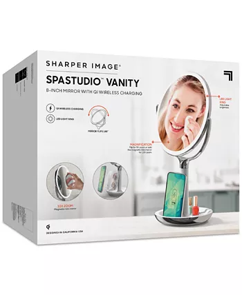 Sharper Image SpaStudio Vanity 8-inch Mirror with Built-In Qi Wireless Phone Charger  5X and 10X Magnification