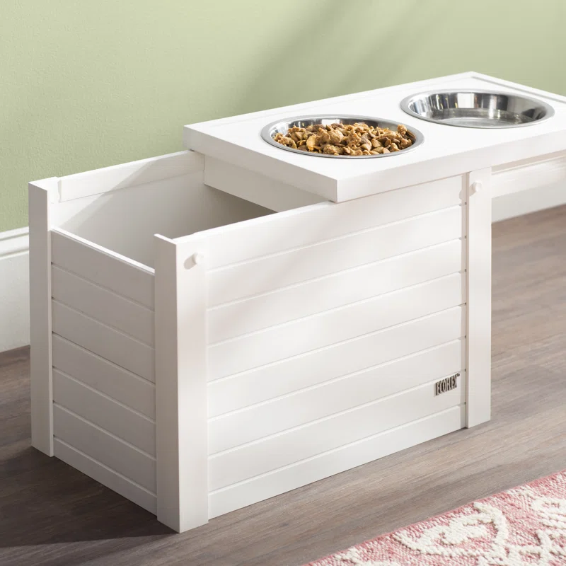 New Age Pet ecoFLEX Piedmont Pet Diner with Storage， Antique White， Large