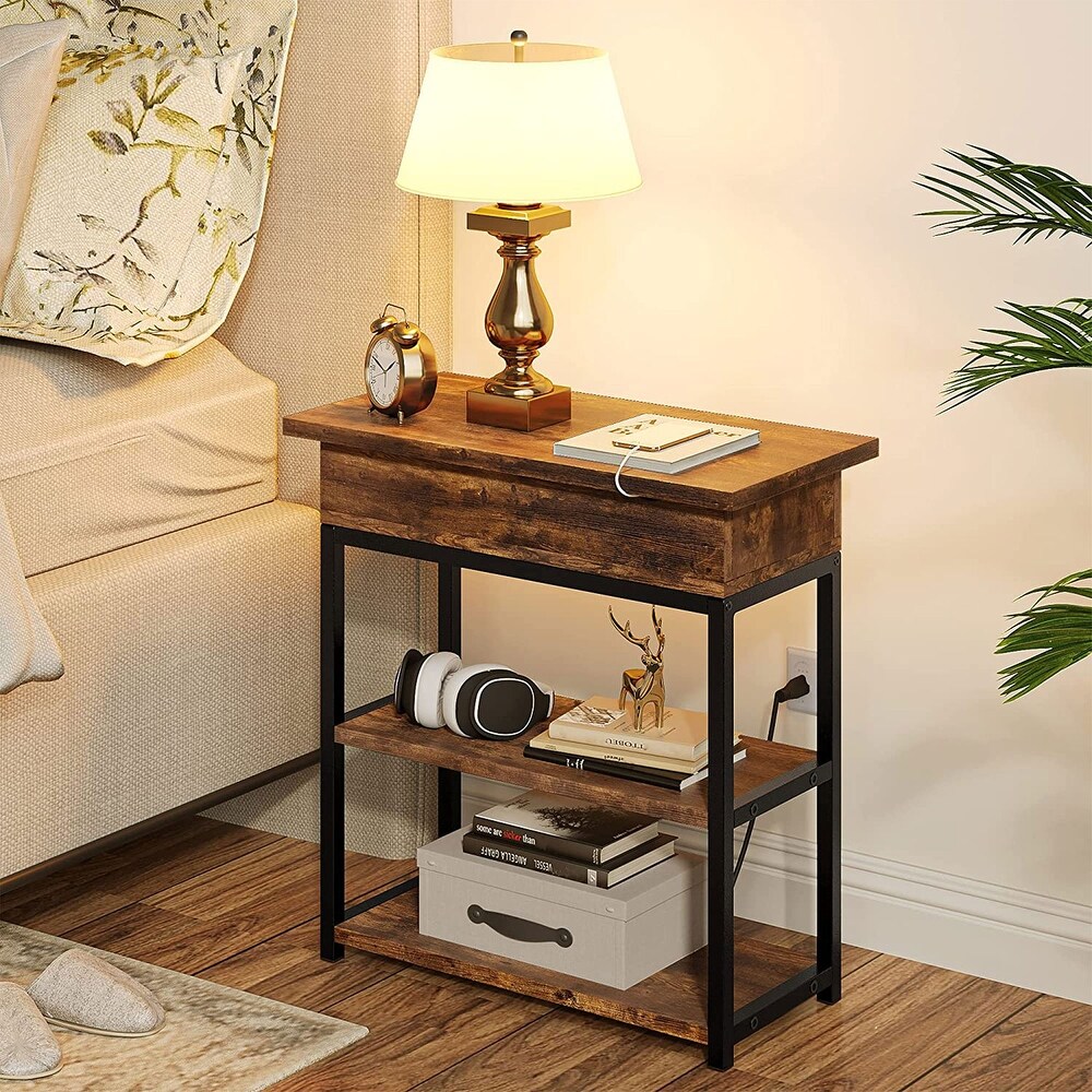 FABATO End Table and Nightstand with Charging Station  Rustic Brown   21.50