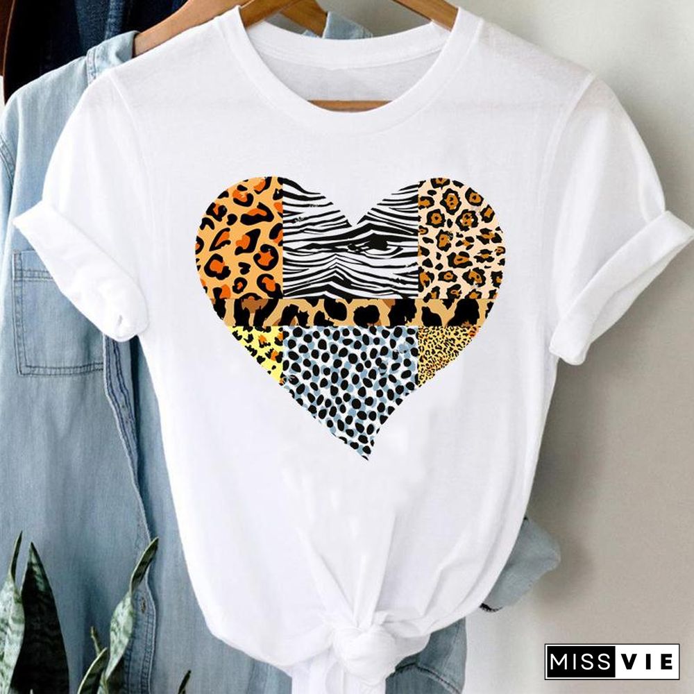 Tee Women Top Leopard Love Heart Cute Clothes Lady Casual Short Sleeve Fashion Summer Tshirt Regular Female Graphic T-Shirt