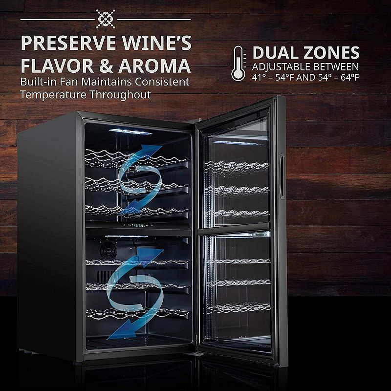 Ivation 43-Bottle Dual Zone Wine Cooler， Freestanding Wine Fridge with Lock