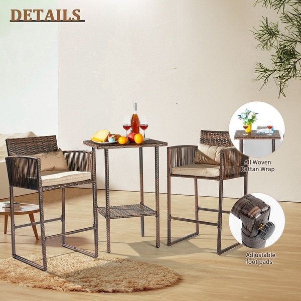 Patio 3Piece PE Wicker Bar Set with Cushions