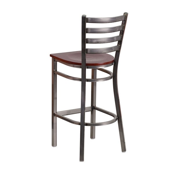 Offex Clear Coated Ladder Back Metal Restaurant Barstool - Mahogany Wood Seat