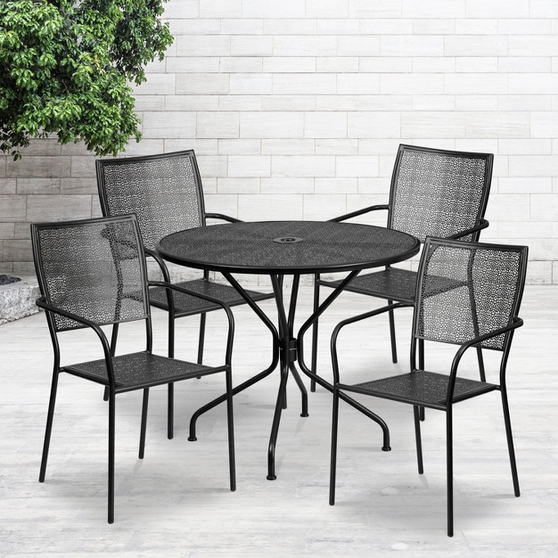 Round Metal Garden Patio Table Set 4 Square Back Chairs