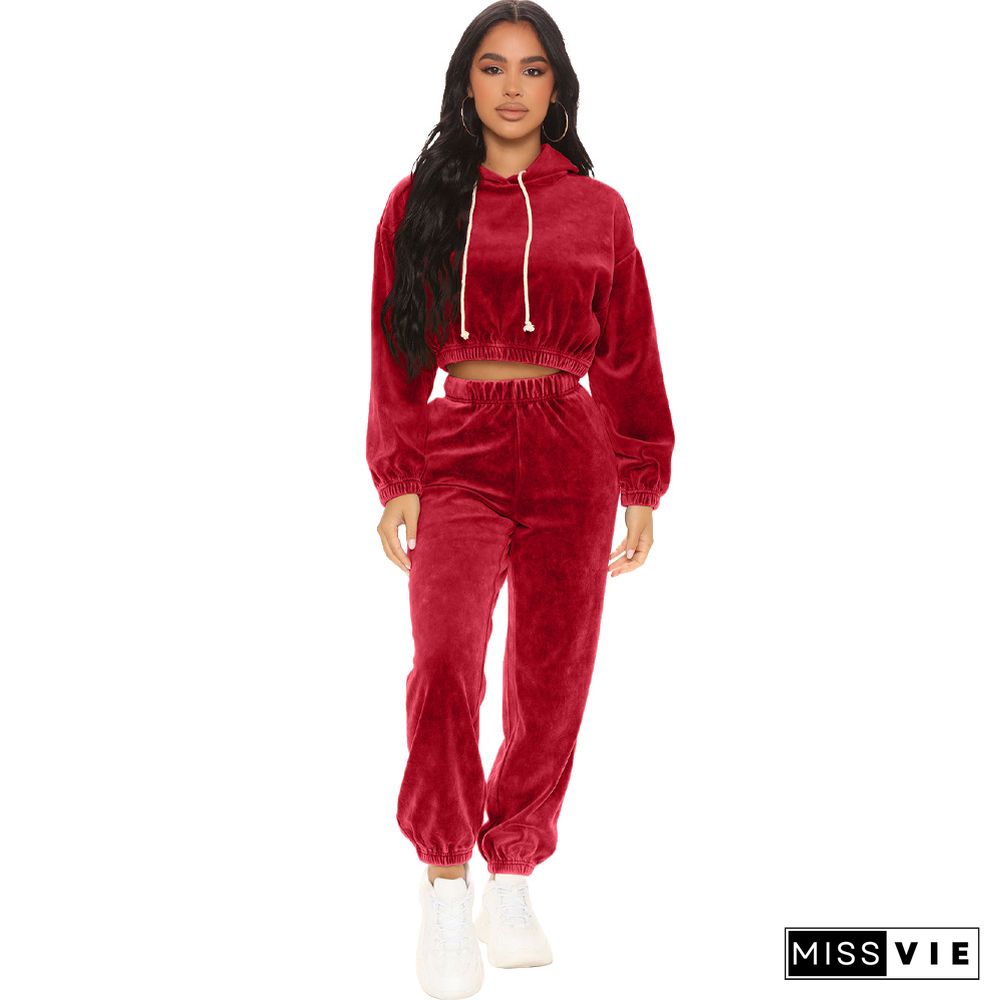 Velvet Hooded Crop Top Full Pants Two Piece Set