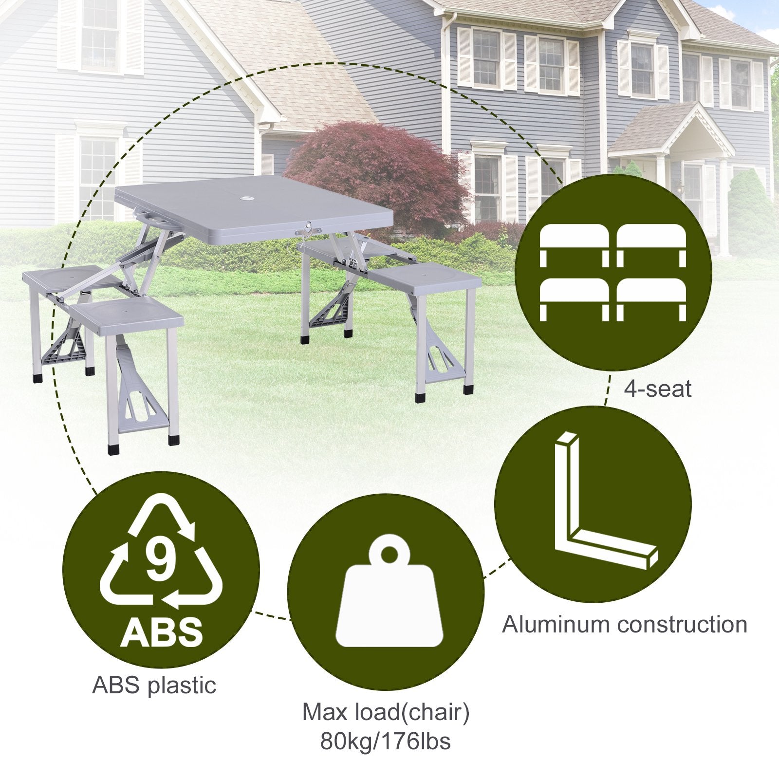 Andoer Portable Foldable Camping Picnic Table with Seats Chairs and Umbrella Hole， 4-Person Fold Up Travel Picnic Table， Grey