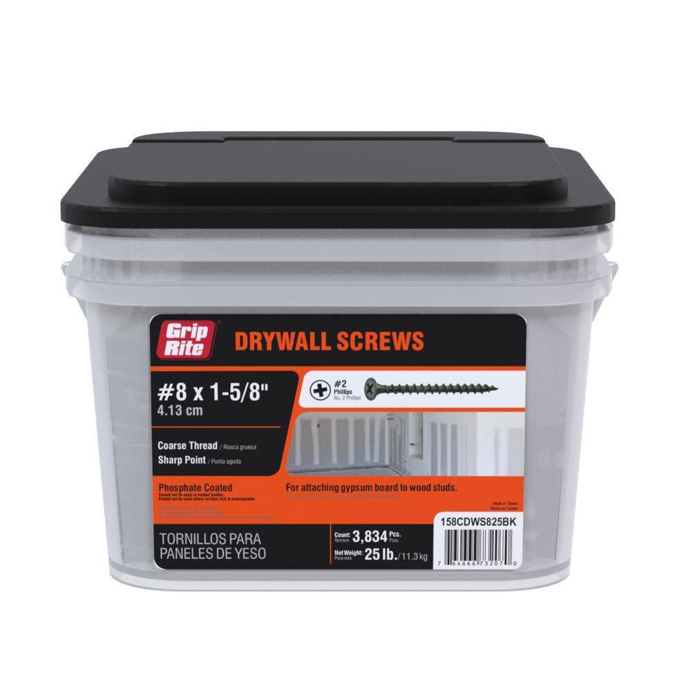 Grip-Rite #8 x 1-58 in. Philips Bugle-Head Coarse Thread Sharp Point Drywall Screws (25 lbs. Pack) 158CDWS825BK