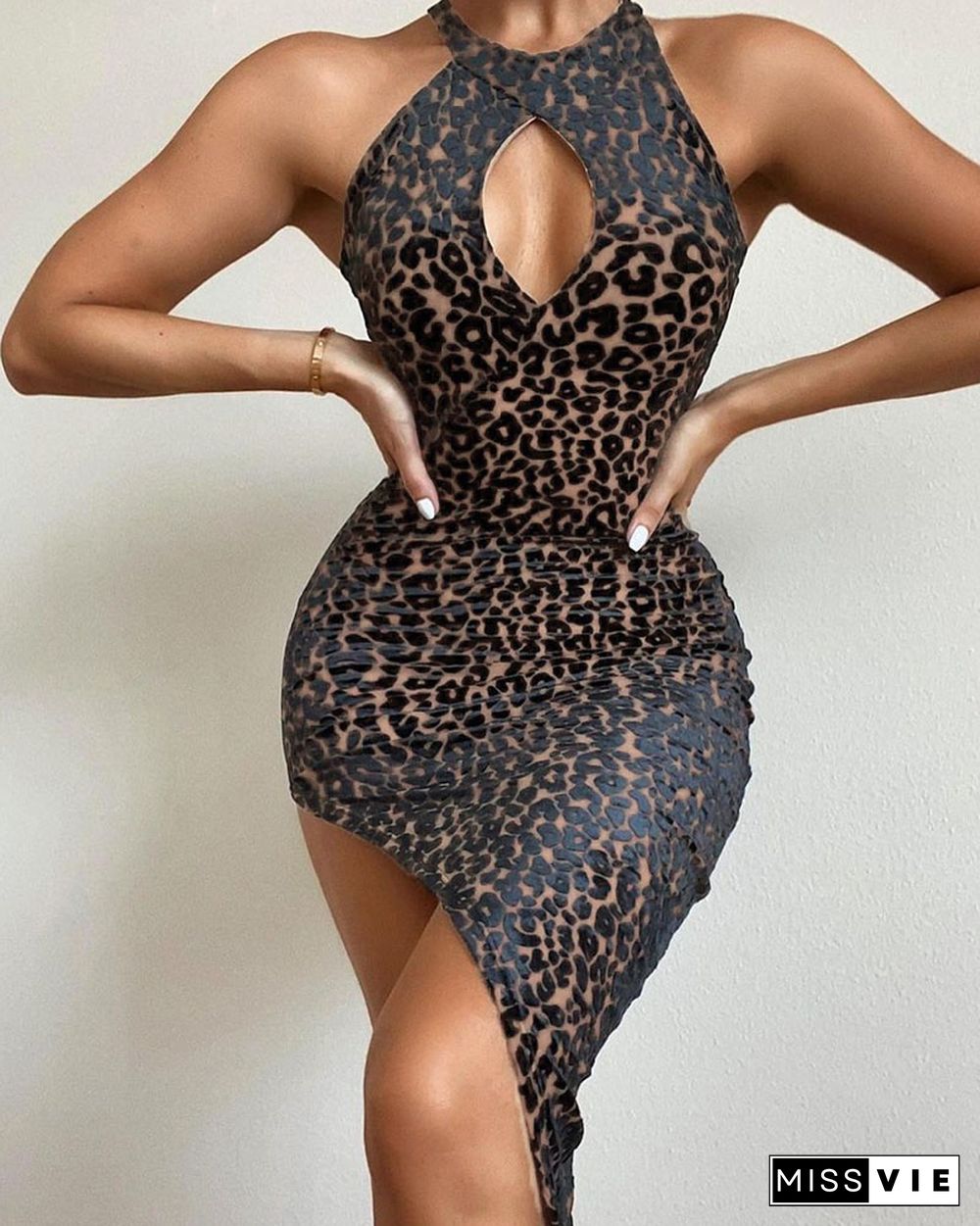 Leopard Print Cutout Split Thigh Bodycon Dress