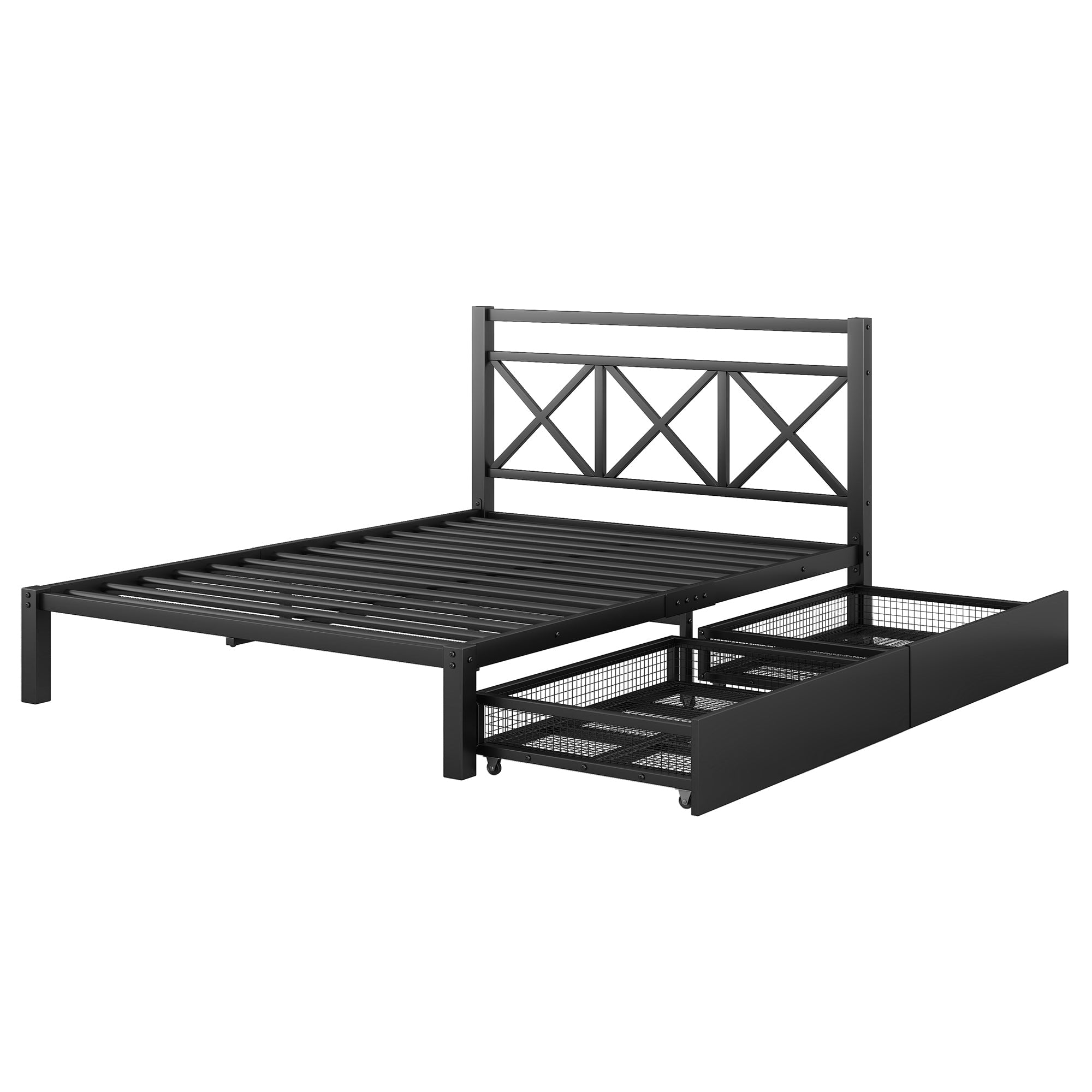 Metal Full Size Platform Bed with Two Drawers for Kids Room, Black