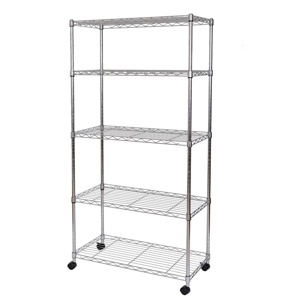 Seville Classics Silver 5-Tier Steel Wire Shelving Unit with Wheels (30 in. W x 60 in. H x 14 in. D) WEB930