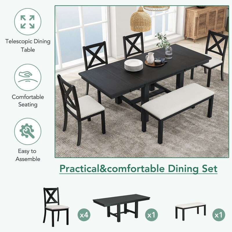 Farmhouse 6 Piece Extendable Dining Table with Footrest  4 Upholstered Dining Chairs and Dining Bench  Two 11\