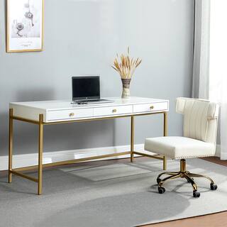 JAYDEN CREATION Zulma White Writing Desk with Golden Base DKHN0066-1