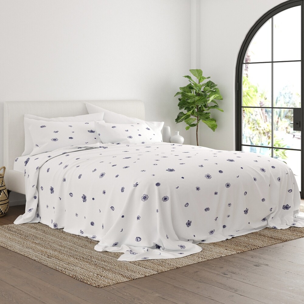 Soft Essentials Indigo Flowers Pattern 4 Piece Deep Pocket Bed Sheet Set