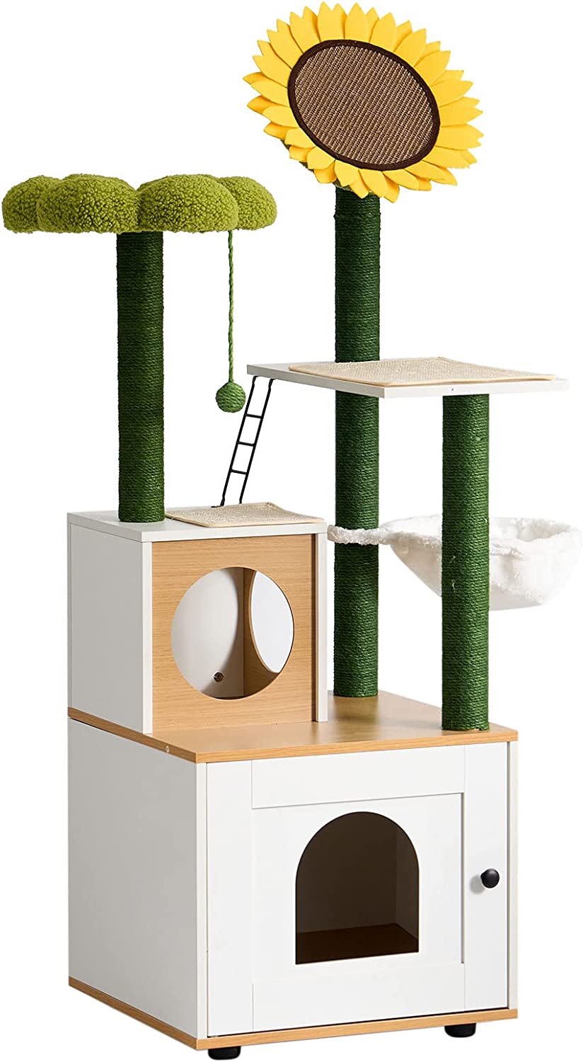 Soges Cat Tree with Cat Condo, 60" Cat Tower with Cactus Sisal Scratching Post, Soft Hammock, Fun Cat Ball, Cat Litter Box Enclosure