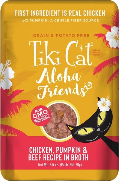 Tiki Cat Aloha Friends Chicken， Pumpkin and Beef Recipe in Broth Grain-Free Wet Cat Food，  2.5-oz， case of 12