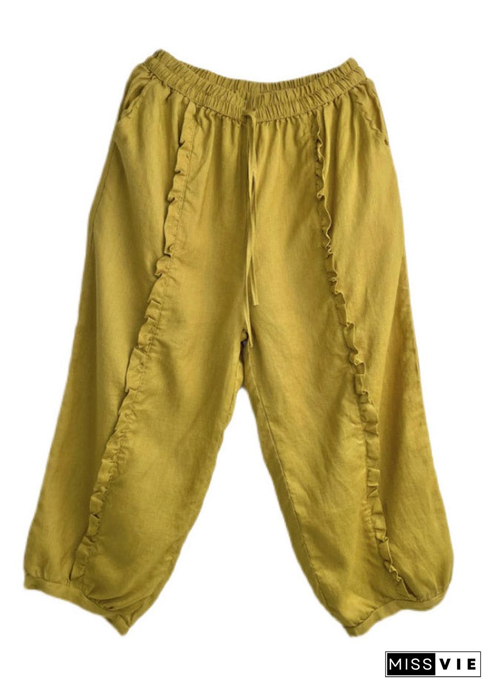 Organic Yellow Ruffled Pockets Linen Crop Pants Summer