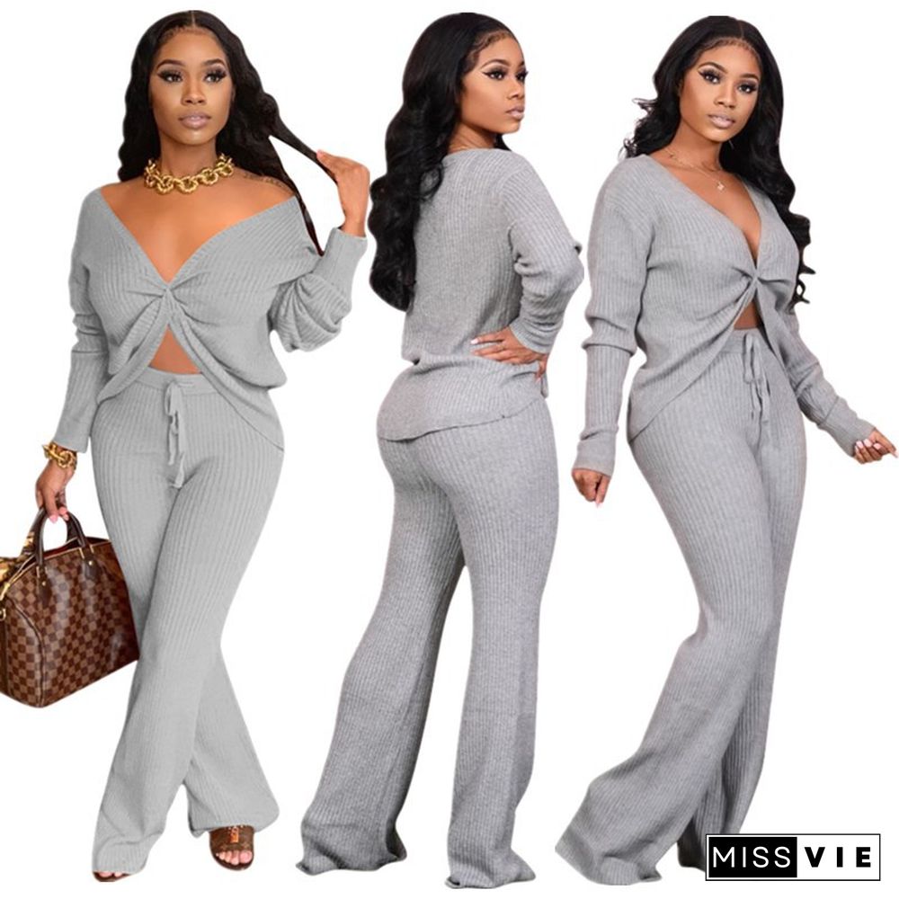 Knitted Low Cut T Shirt Wide Leg Pants Two Piece Set