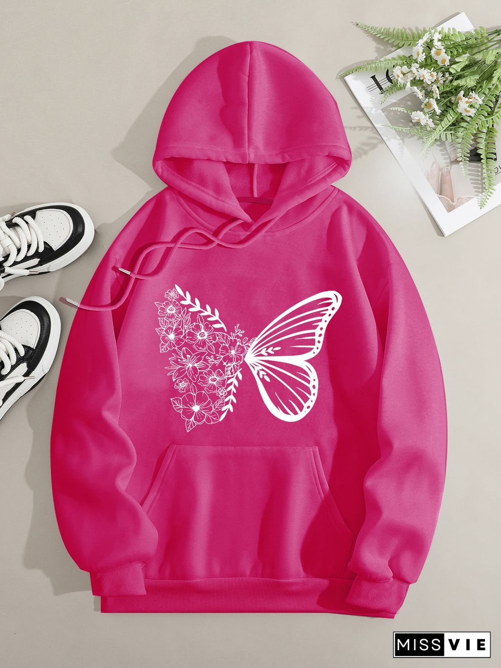 Printed on front Kangaroo Pocket Hoodie Long Sleeve for Women Pattern Butterfly