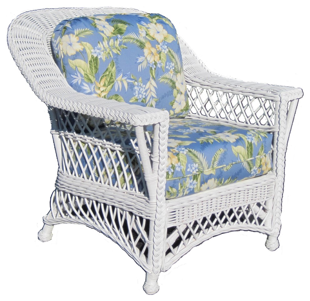 Bar Harbor Arm Chair  White  Clemens Sunblue Fabric   Tropical   Armchairs And Accent Chairs   by Spice Islands Wicker  Houzz