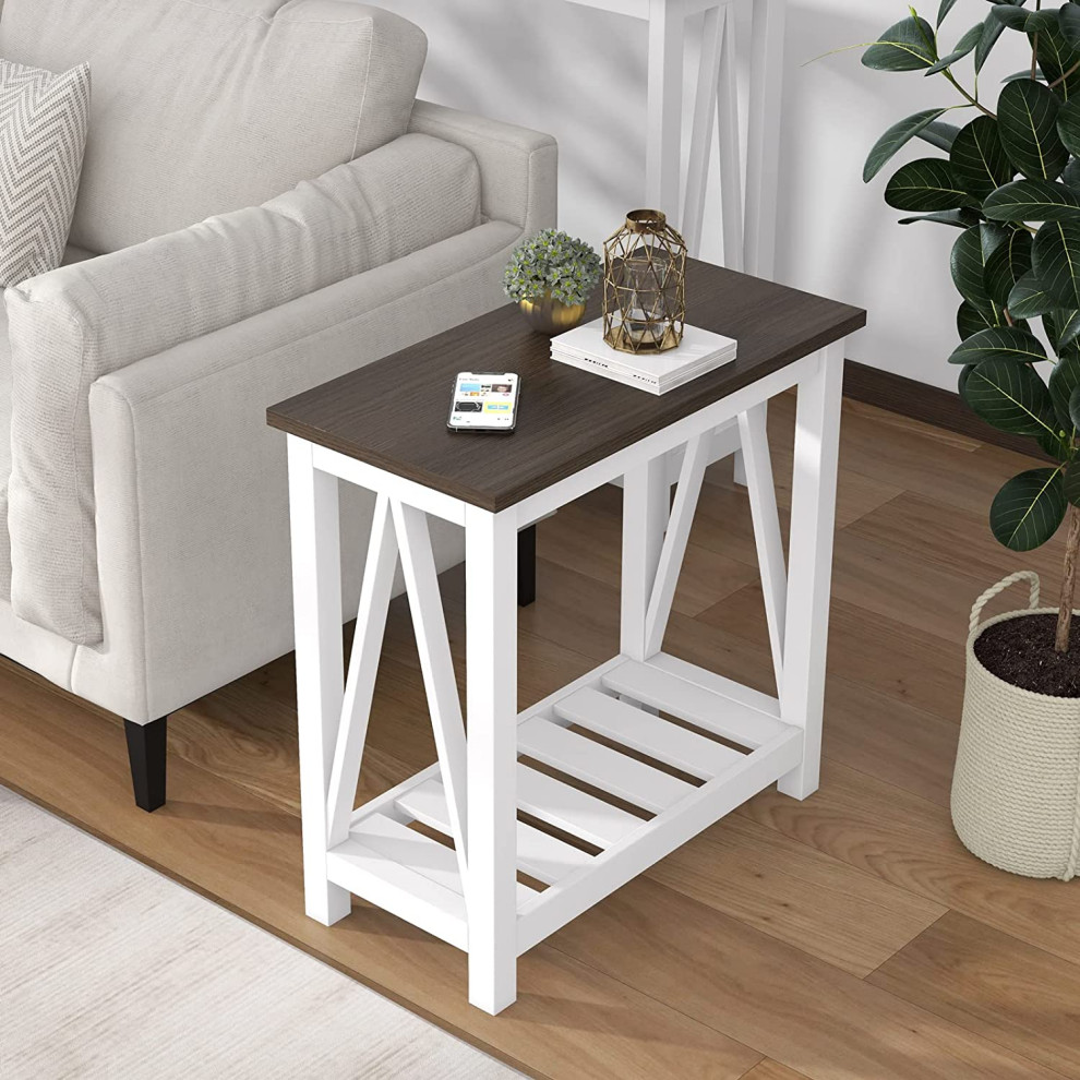 Farmhouse End Table with Storage Shelf for Small Spaces  White 2 Pack   Industrial   Coffee Table Sets   by Imtinanz  LLC  Houzz