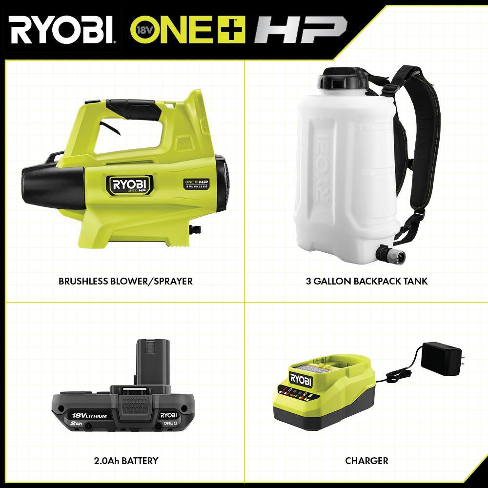 RYOBI ONE+ HP 18V Brushless Cordless 3 Gal. Backpack FoggerSprayer with 2.0 Ah Battery and Charger P2880