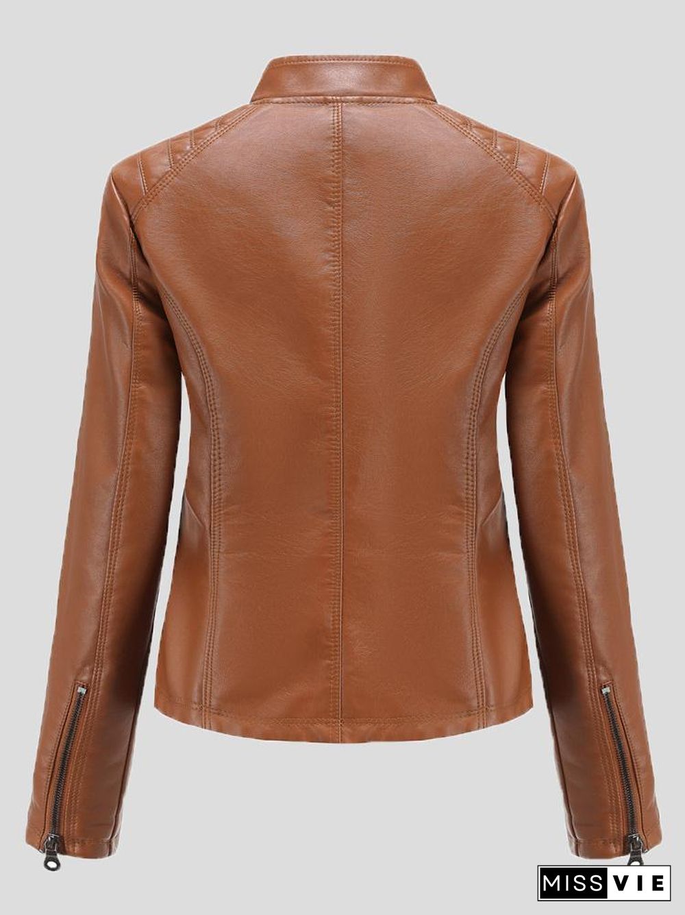 Women's Jackets Casual Stand-Collar Slim Solid Leather Jacket