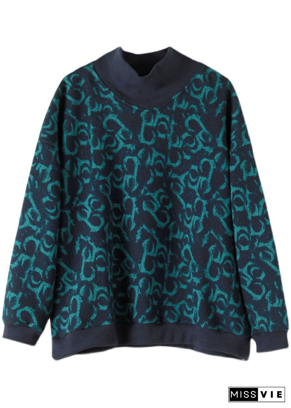 Plus Size Navy Turtle Neck Print Warm Fleece Sweatshirts Top Spring