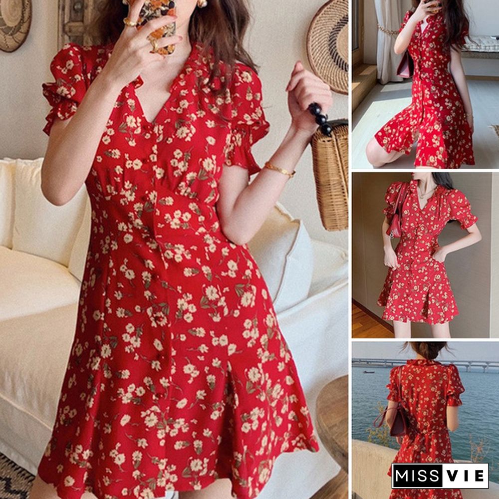 Summer Women Puff Sleeve V Neck Sexy Mini Dress High Waist Casual Floral Print Button Shirt Dress Plus Size Vestidos