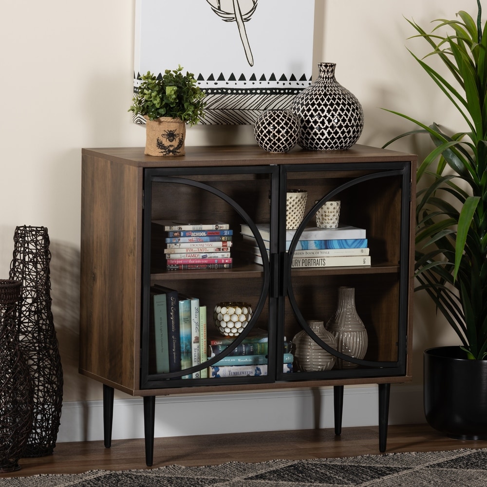 Carter Mid Century Modern Industrial Walnut Brown Finished Wood and Black Metal 2 Door Sideboard