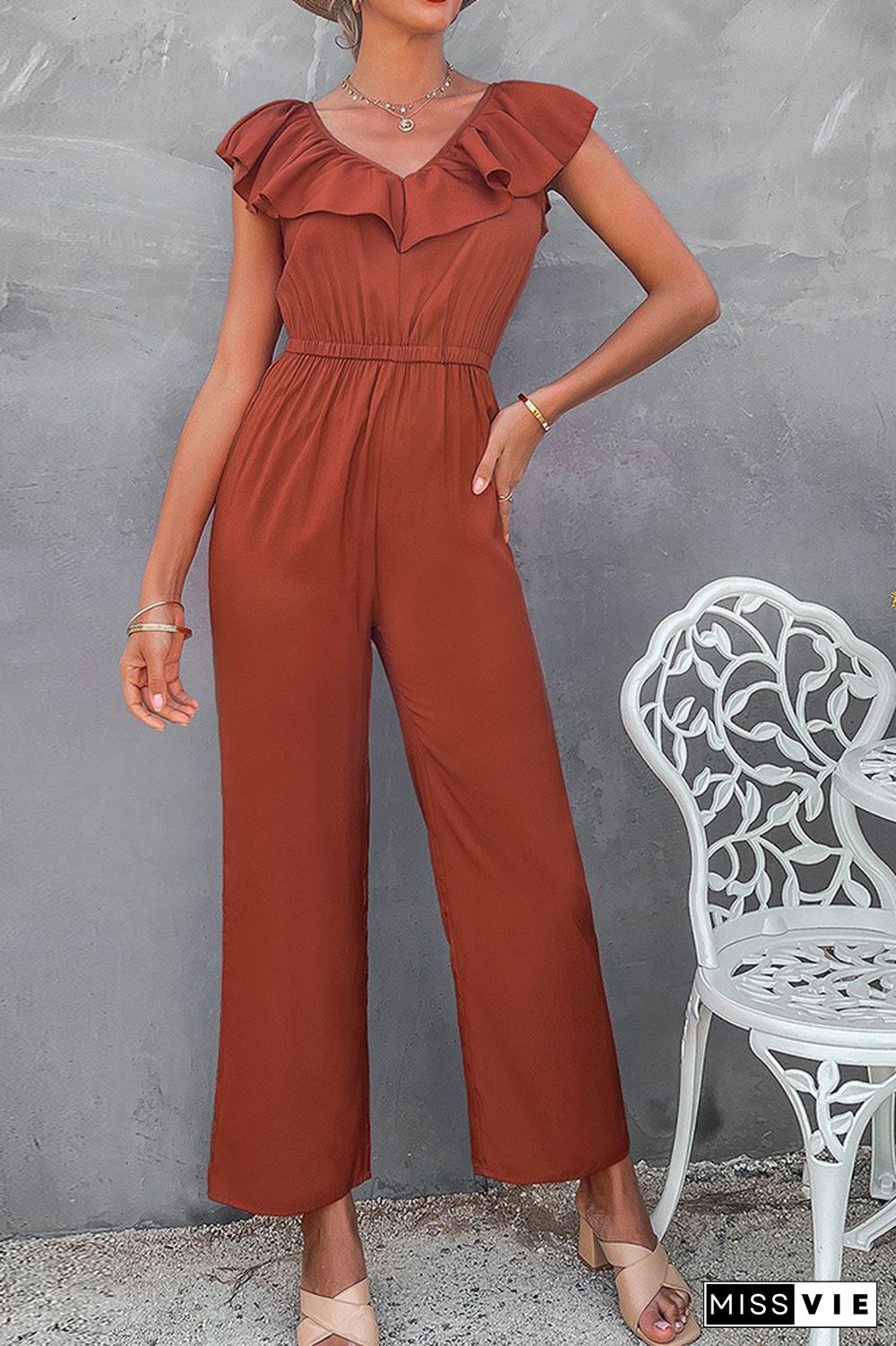 Ruffle V-neck Sleeveless Waisted Jumpsuit Wholesale