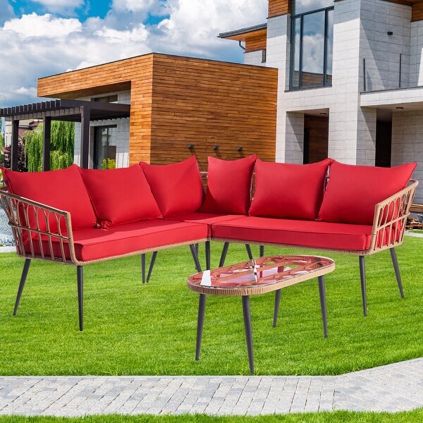 4-Piece Patio Furniture Set， Outdoor Wicker L-Shaped Sectional Set - 44.8”Wx44.8“Lx28.8”H - Overstock - 37567217