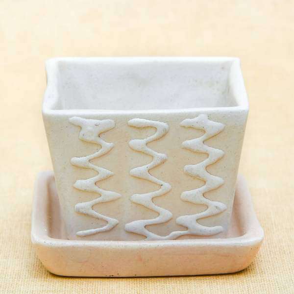 3.1 inch (8 cm) CP007 Embossed Square Cone Ceramic Pot With Plate (Beige) (set of 2)