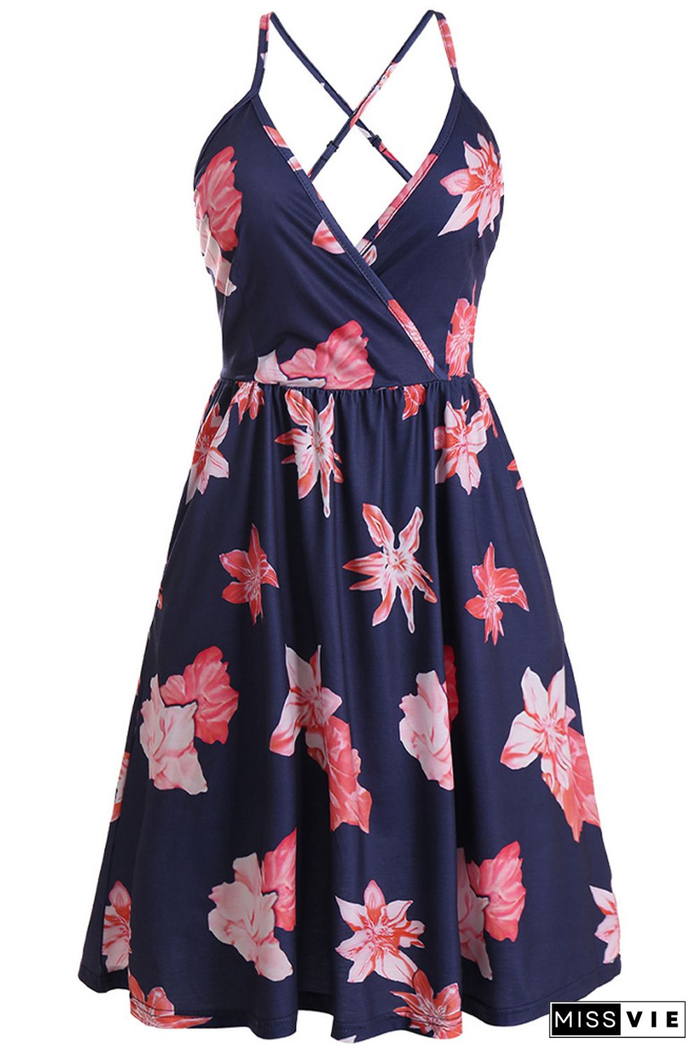 V-neck Slip Backless Floral Print Dress Wholesale