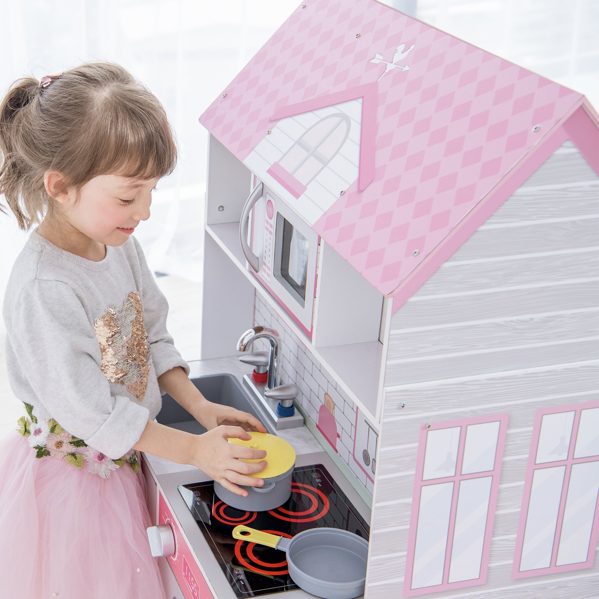 Teamson Kids Wonderland Ariel 2 in 1 Doll House and Play Kitchen， Pink/Grey