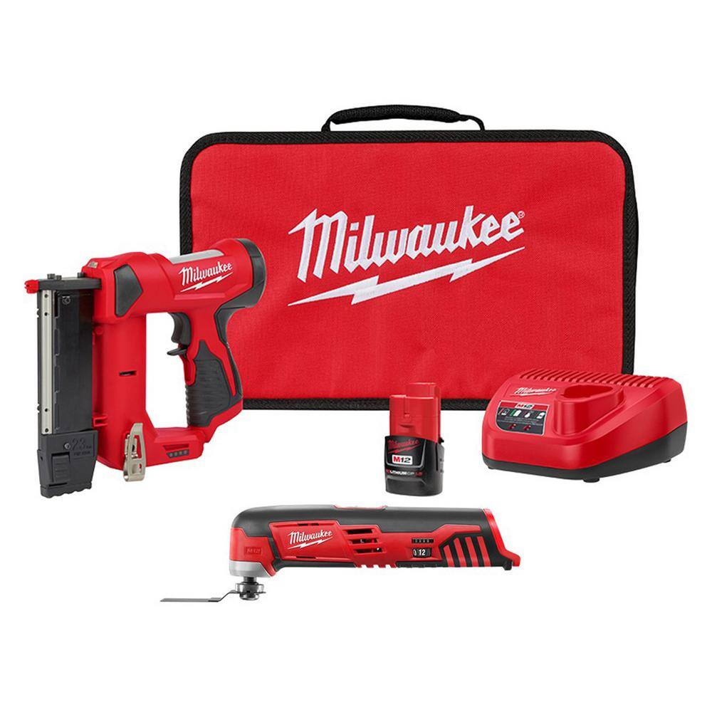 MW M12 12-Volt 23-Gauge Lithium-Ion Cordless Pin Nailer Kit with M12 12-Volt Lithium-Ion Cordless Oscillating Multi-Tool 2540-21-2426-20